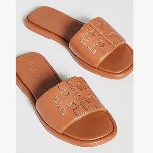 Tory Burch Double T Sport Slides in Aged Camello/Gold Size 8
